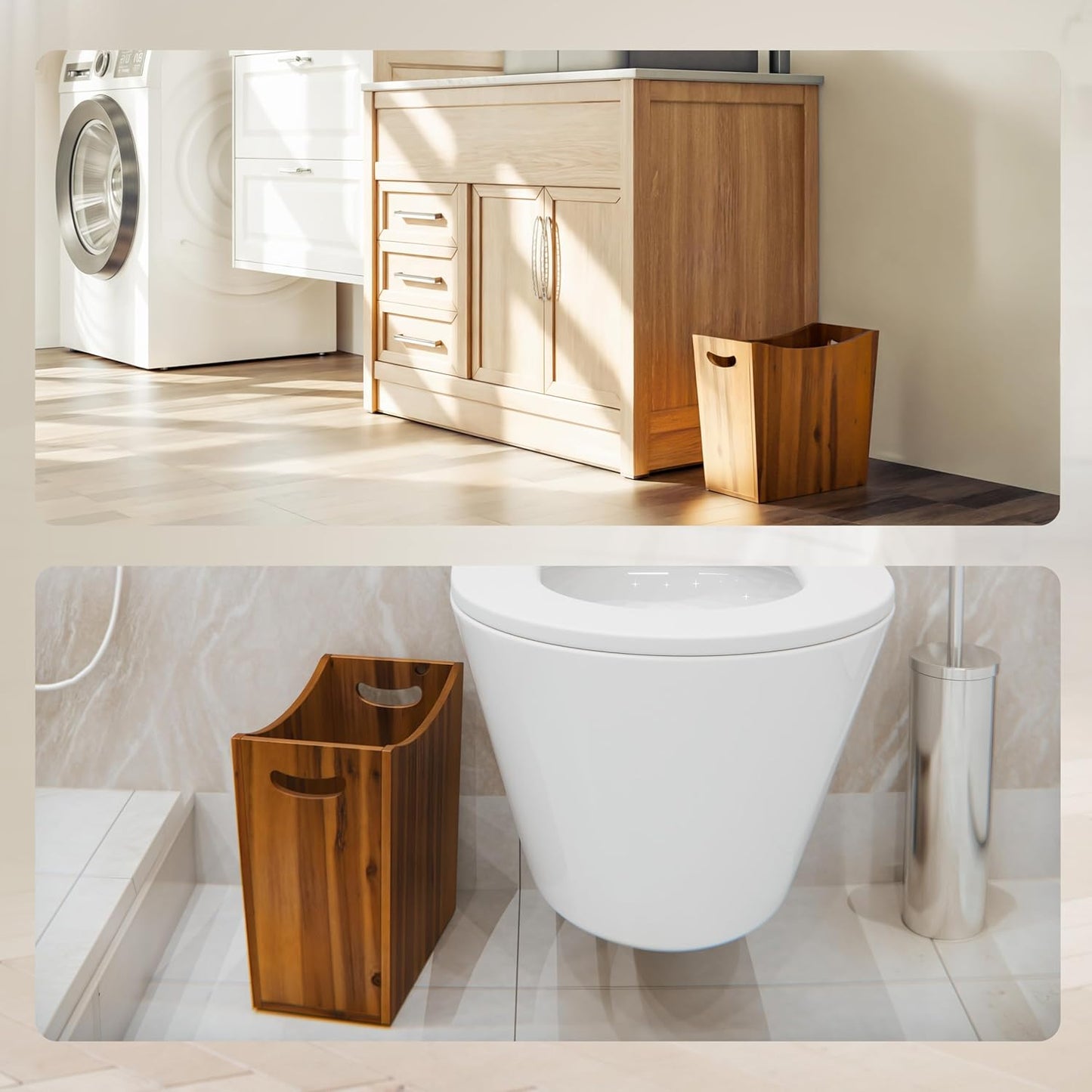 3 Gallons Rectangular Wastebaskets - Acacia Wood Waste Basket with Handles - Small Trash Can for Bathroom - Brown Garbage Bin for Spa Decorative, Kitchen Under Counter, Living Room, Office