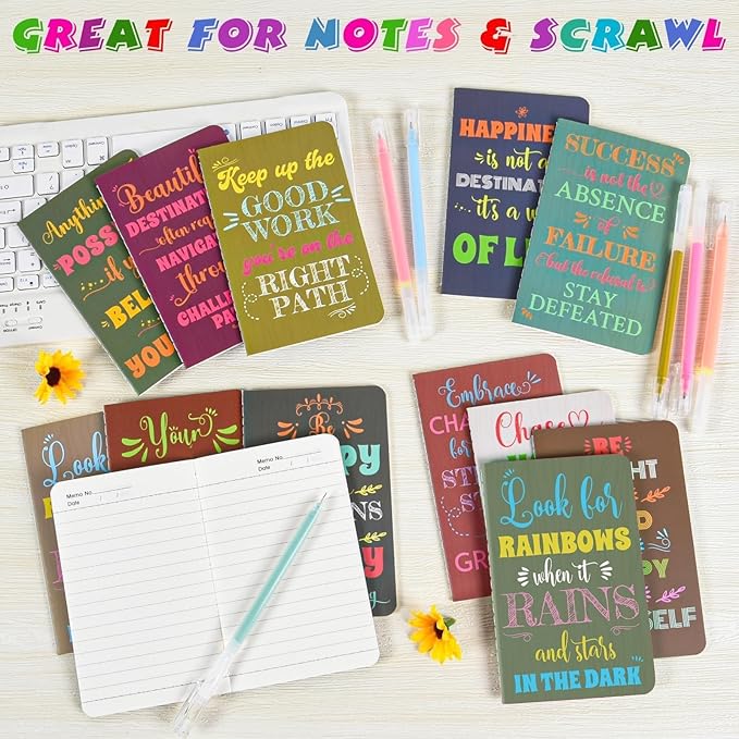 24 Pcs Mini Inspirational Notebooks Bulk with 24 Pcs Colorful Pens, Small Pocket Journal Notepads Set, Motivational Bulk Gifts for Women Men Teacher Student Kids,Fun School Office Supplies,3.5"x5.5"