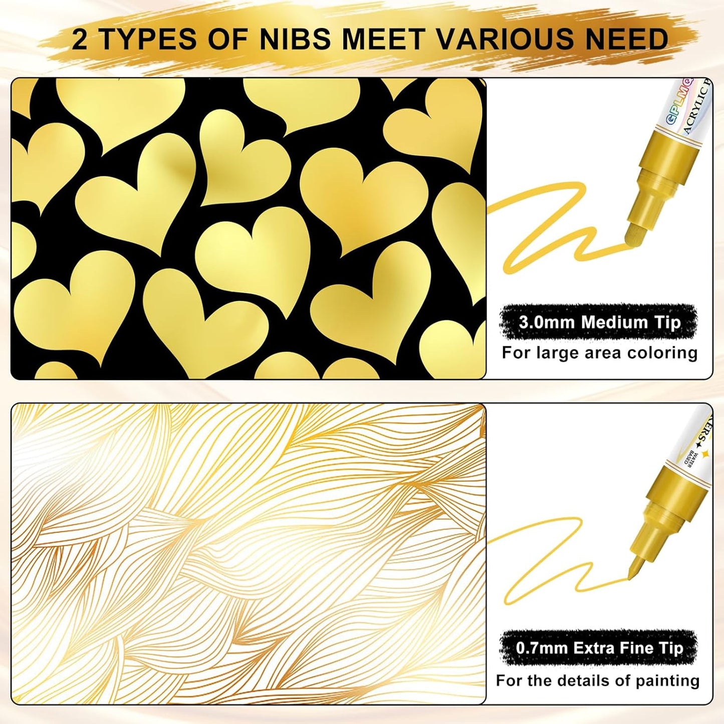 Paint Markers Paint Pens - 2 Pack Dual Tip Acrylic Permanent Marker (0.7mm & 3mm), Non-Toxic, Water-Based for Art Painting, Stone, Ceramic, Glass, Wood, Fabric, Metal, DIY Crafts (Gold)