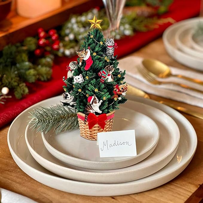 Freshcut Paper Pop Up Cards, Mini Meowy Christmas Tree (Set of 2), 6 Inch Mini Sized Forever Flower Bouquet 3D Popup Greeting Card, Christmas Cards, Holiday Card, Blank Notecard & Envelope