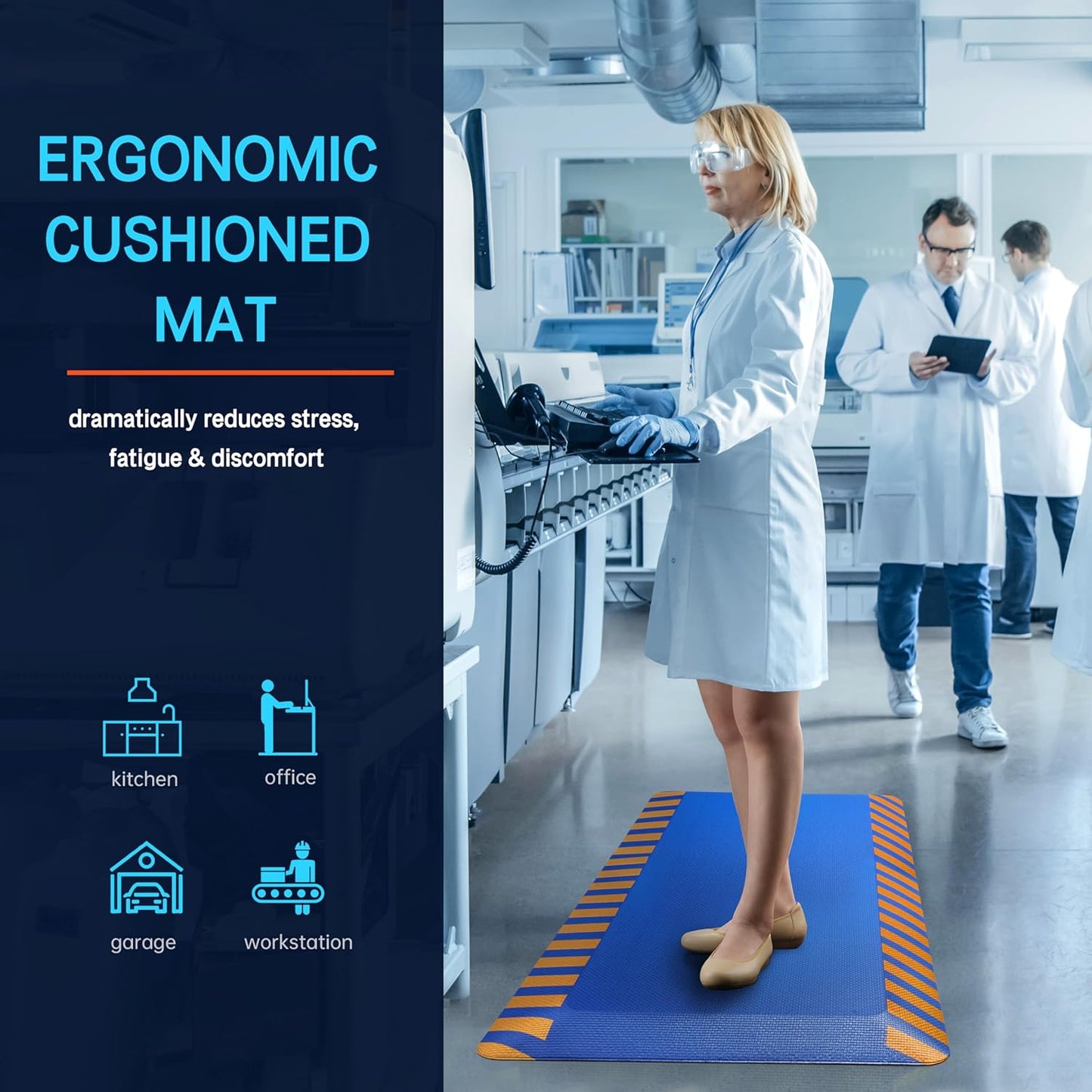 FEATOL Anti Fatigue Mat Industrial, Ergonomic Standing Floor Mat for Work for Stand, Blue with Yellow Border Safety 20" x 32"-Support for Leg & Back Pain