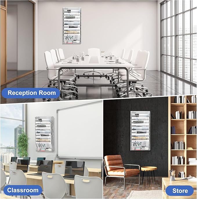 EasyPAG 11 Tier Wall File Holder with Flat Tray, Silver | Easy Assemble Mesh Desk File Organizer | 10-Folder Paper Storage | Replaceable Classify Labels | Space Saving Mail Organizer for Office Home