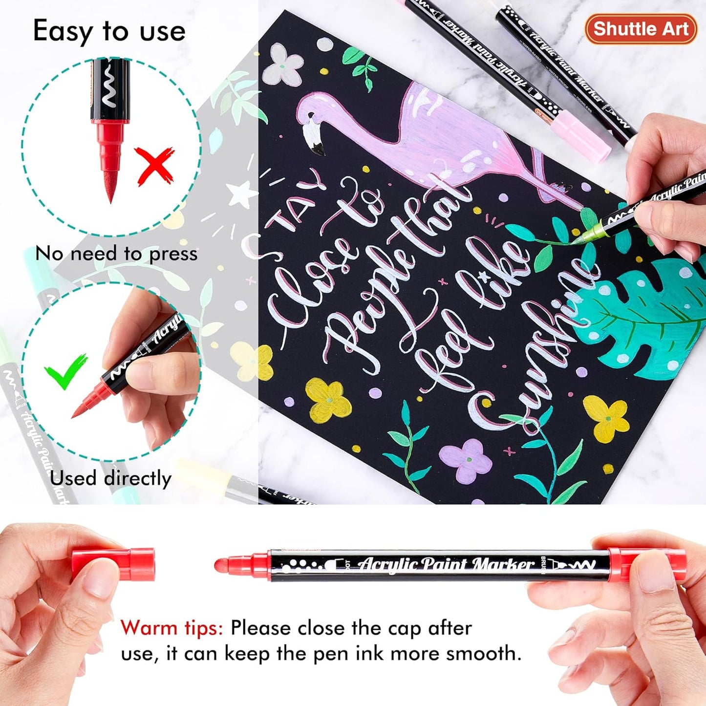 Shuttle Art 36 Colors Dual Tip Acrylic Paint Markers, Brush Tip and Dot Tip Acrylic Paint Pens for Rock Painting, Ceramic, Wood, Canvas, Plastic, Glass, Stone, Calligraphy, Card Making, DIY Crafts