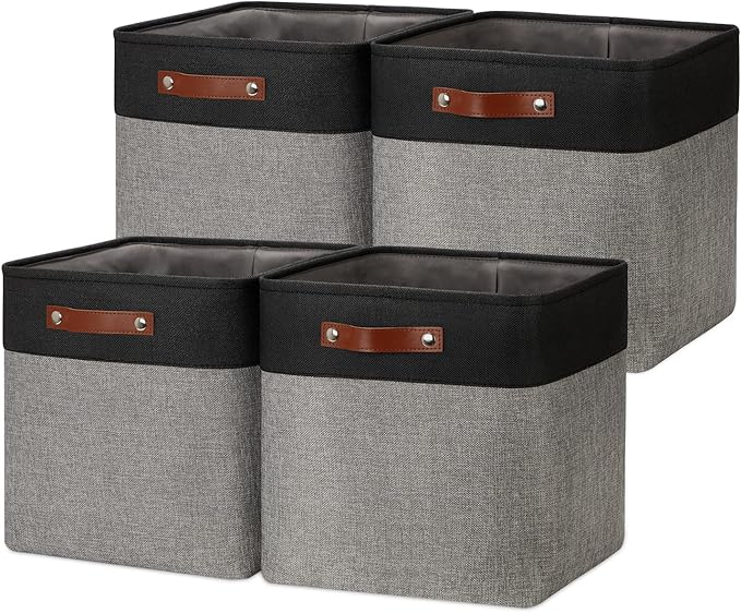 DULLEMELO Storage Bins for Organizing,Closet Storage Baskets for Gift Empty,Large Linen Canvas Storage Bins with Handles for Home Office Toys Shelves(Black&Grey, 13 inch Cube)