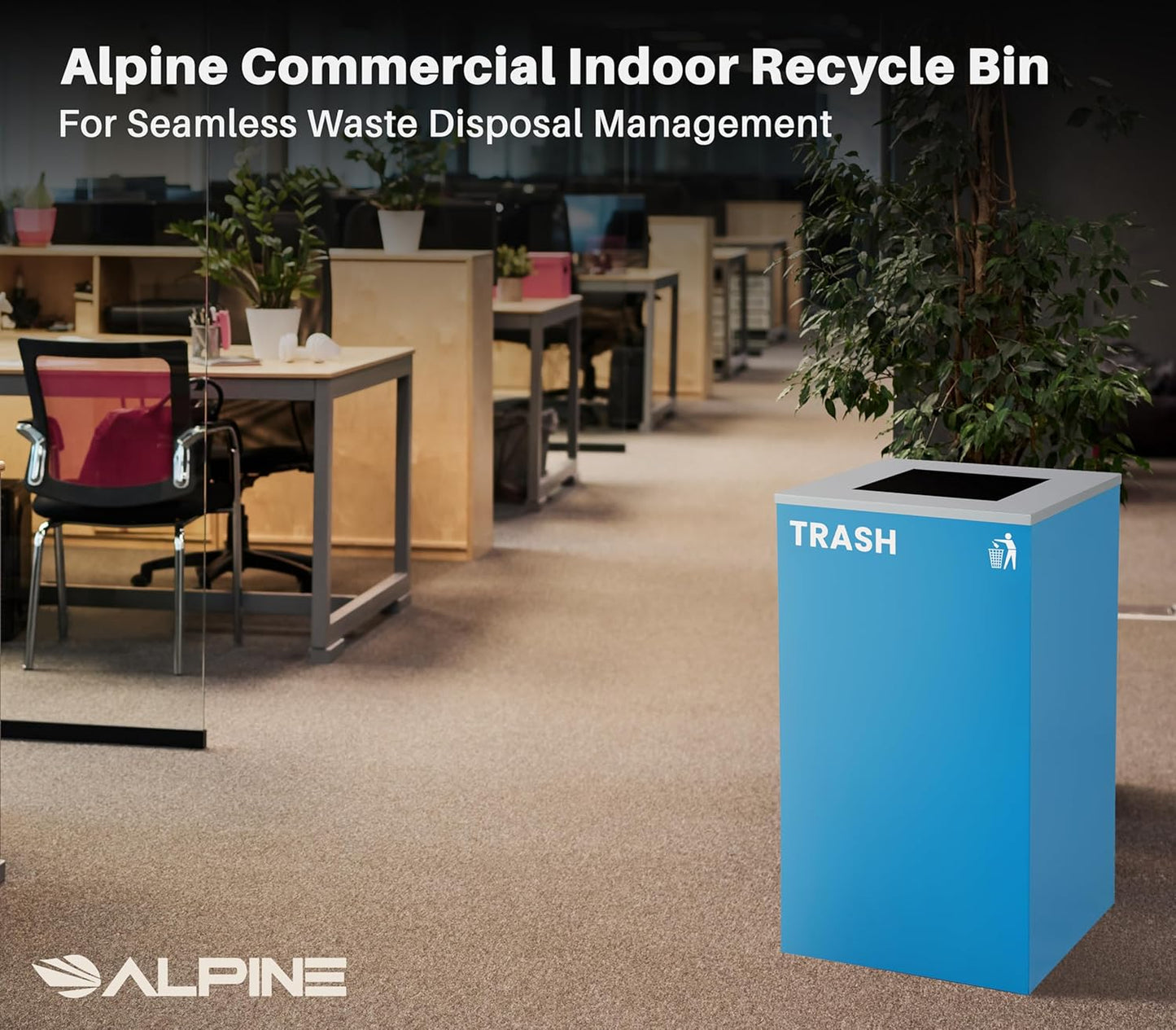 Alpine Commercial Indoor Recycle Bin with Lid - 29 Gallon Blue Recycle Bin Recycle Trash Can Office Recycling Bins, Metal Recycling Container with Stickers & 3 Optional Lids Sold Separately