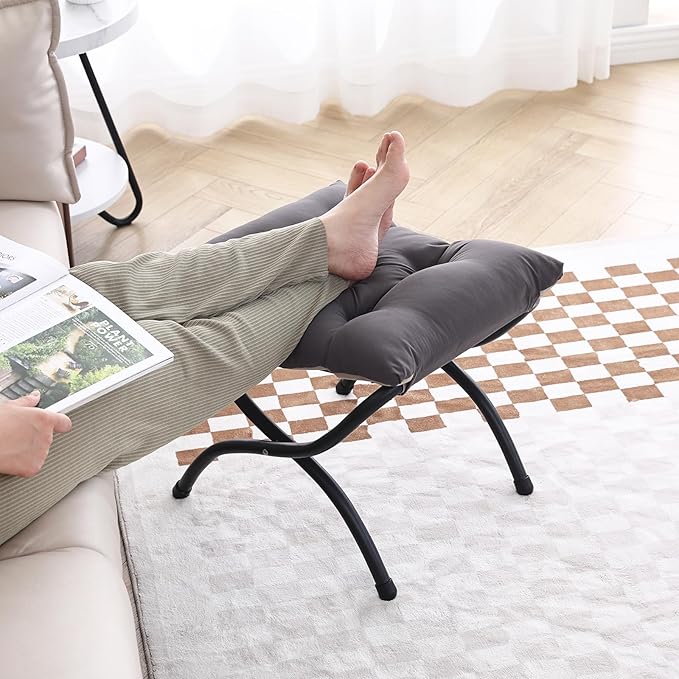 LITA Folding Upholstered Footrest Stool, Modern Small Portable Accent Ottoman with Detachable Thick Cotton Cushion Padded Sofa Stool with Metal Frame for Lazy Chair, Living Room & Bedroom, Dark Grey