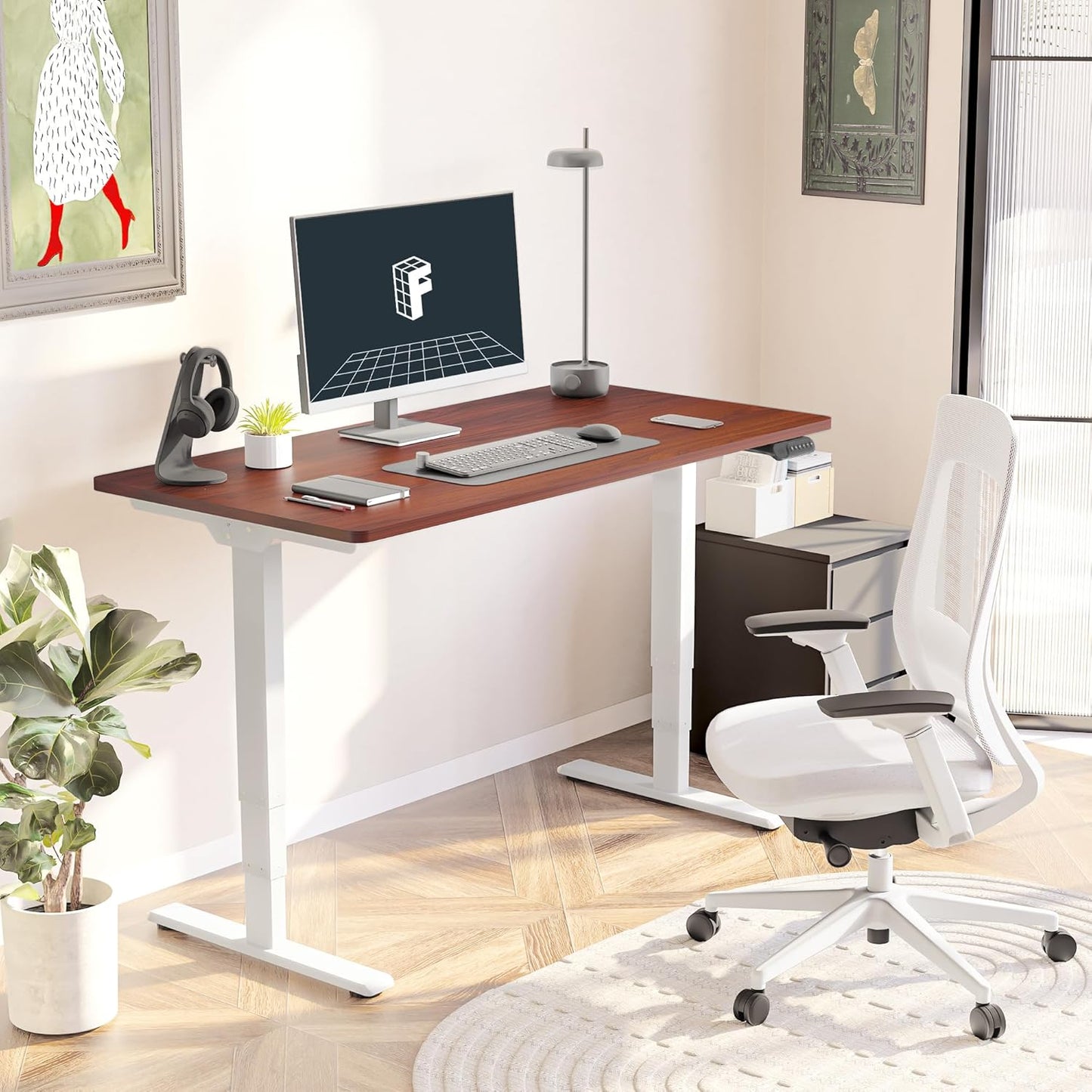 FLEXISPOT E6 Essential 3 Stages Dual Motor Electric Standing Desk 55x28 Inch Whole-Piece Board Height Adjustable Electric Sit Stand Desk(White Frame + Mahogany Desktop, 2 Packages)
