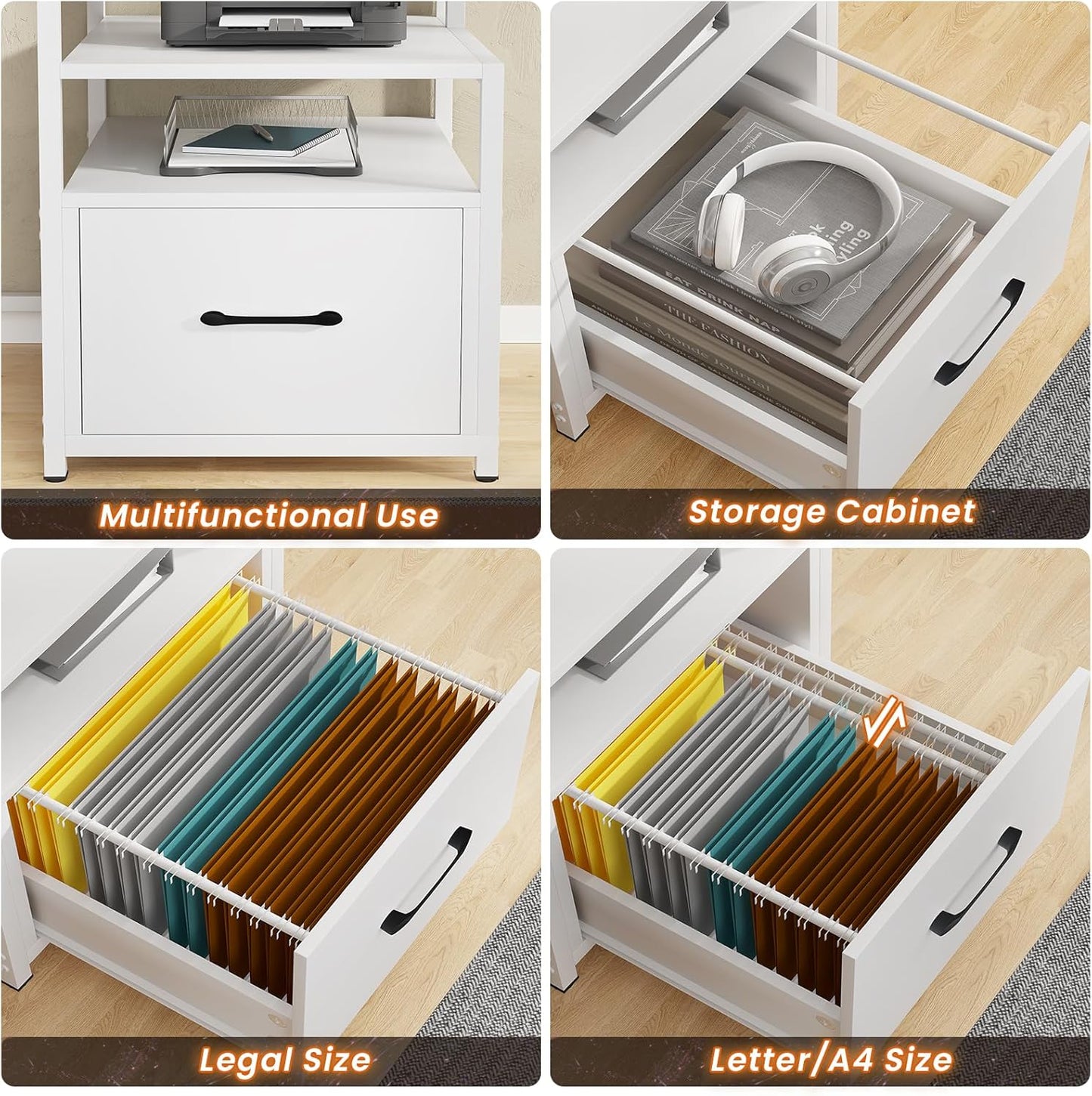 SEDETA White Computer Desk with 5 Drawer & Power Outlet, 66'' Home Office Desk with File Drawer, Storage Shelves, Printer Cabinet and Monitor Shelf, Gaming Desk with Led Lights