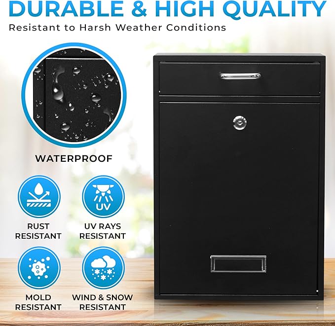 Wall Mounted Locking Vertical Dropbox Mailbox - Safe and Secure (Large) | Made with Galvanized Steel (Light Gray)