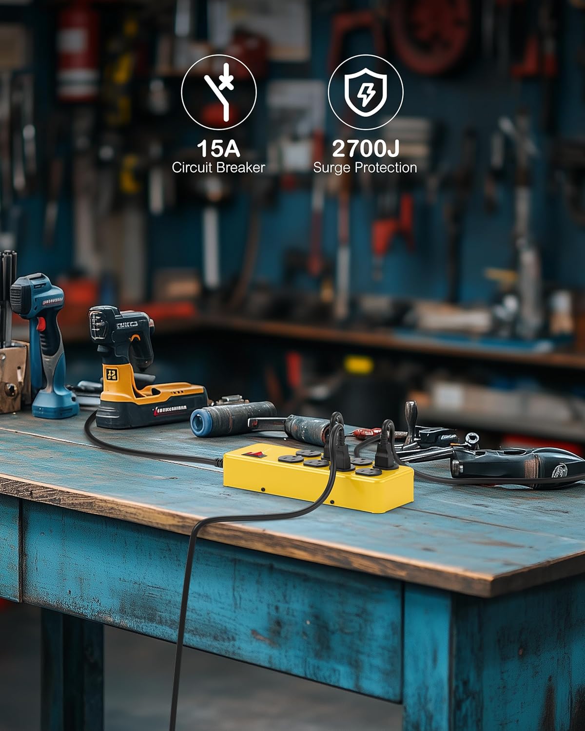 Heavy Duty Power Strip,Industrial Heavy Metal Case Surge Protector,8 AC Outlets,15Amp,2700 Joules,Protected' Indicator,14 Gauge Cord (Yellow, 15FT Length)