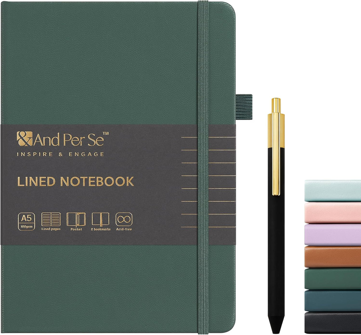 A5 Lined Leather Journal and Pen Set, Hardcover Notebook with Pen, 160 Pages 100gsm Thick Ruled Paper for Men Women, for Work, Business, School or Home Writing, 5.7'' x 8'' (Green-Set1)