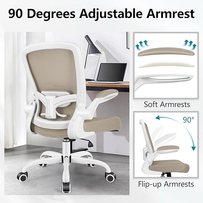 FelixKing Office Chair, Ergonomic Desk Chair Breathable Mesh Chairs with Adjustable High Back Lumbar Support Flip-up Armrests, Executive Swivel Comfy Task Computer Chairs for Home Office Khaki