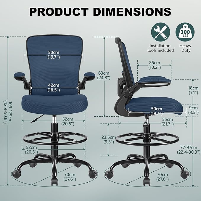 FelixKing Drafting Chair Ergonomic Tall Office Chair, Breathable Mesh Chair with Adjustable Footrest Ring Lumbar Support Flip-up Armrests, High Back Executive Comfy Task Computer Chair for Home Office