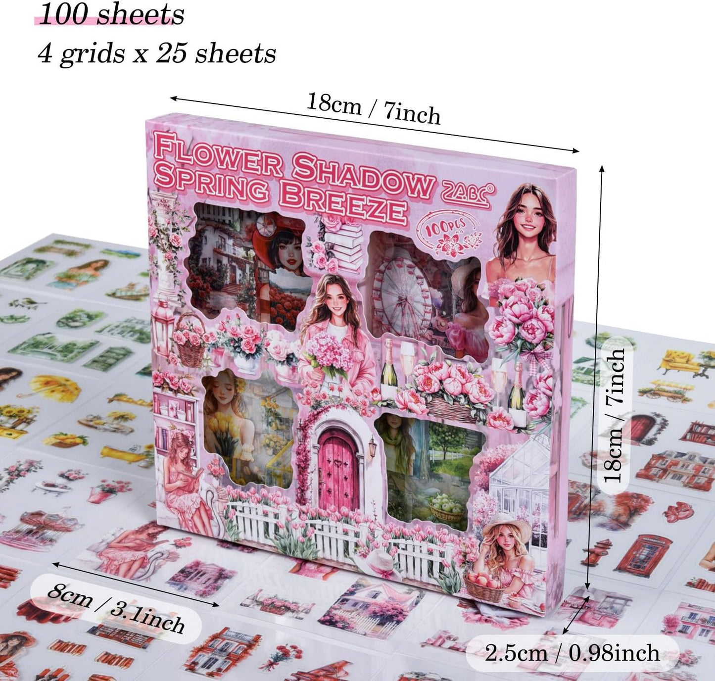 Retro Decorative Stickers 100 Sheets, Waterproof PET Girls Flowers Stickers for Scrapbooking Diary Planner DIY Craft Album Journal Notebook Laptop Phone Case Collection Gift Box