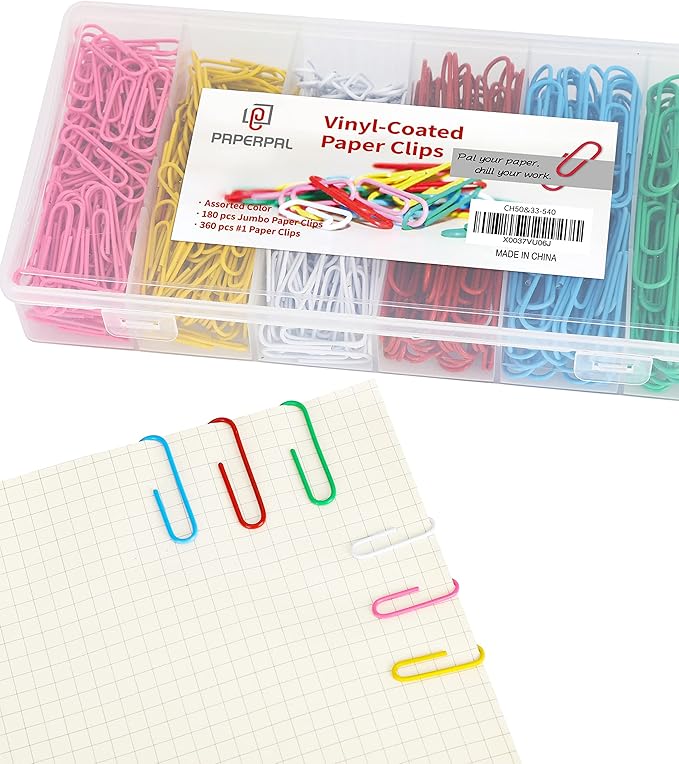 PAPERPAL Colorful Vinyl Coated Paper Clips, 540 Paperclips Per Box Jumbo & #1 Sizes Assorted Color, Office School & Personal Use, Daily DIY, Large & Medium Size (2" & 1-2/7") Paper Clip, Rainbow Pack