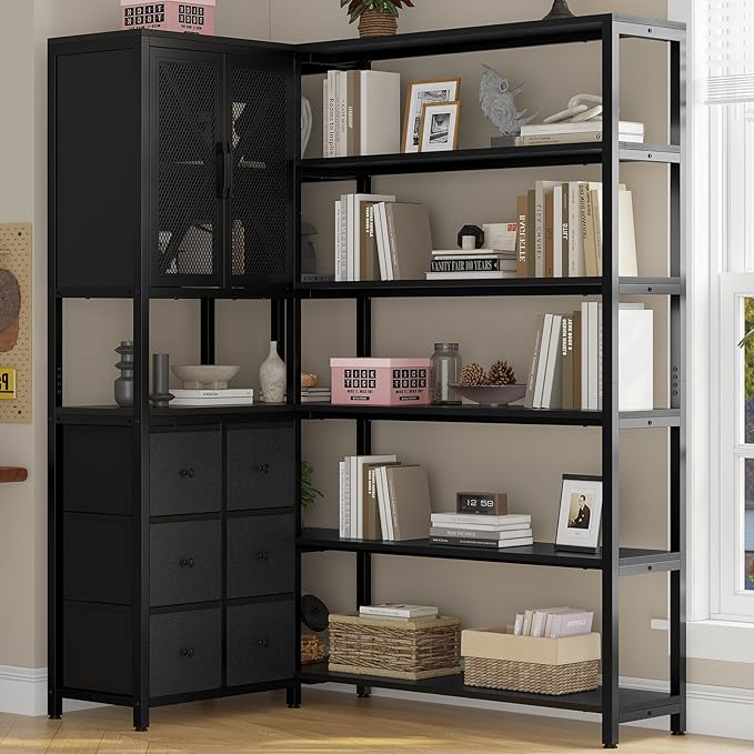Corner Bookshelf, 6 Tier Industrial Convertible Bookshelf with 6 Fabric Drawers, Corner Bookcase Large L Shaped Storage Display Shelf for Home Office, Living Room, Kitchen, Black