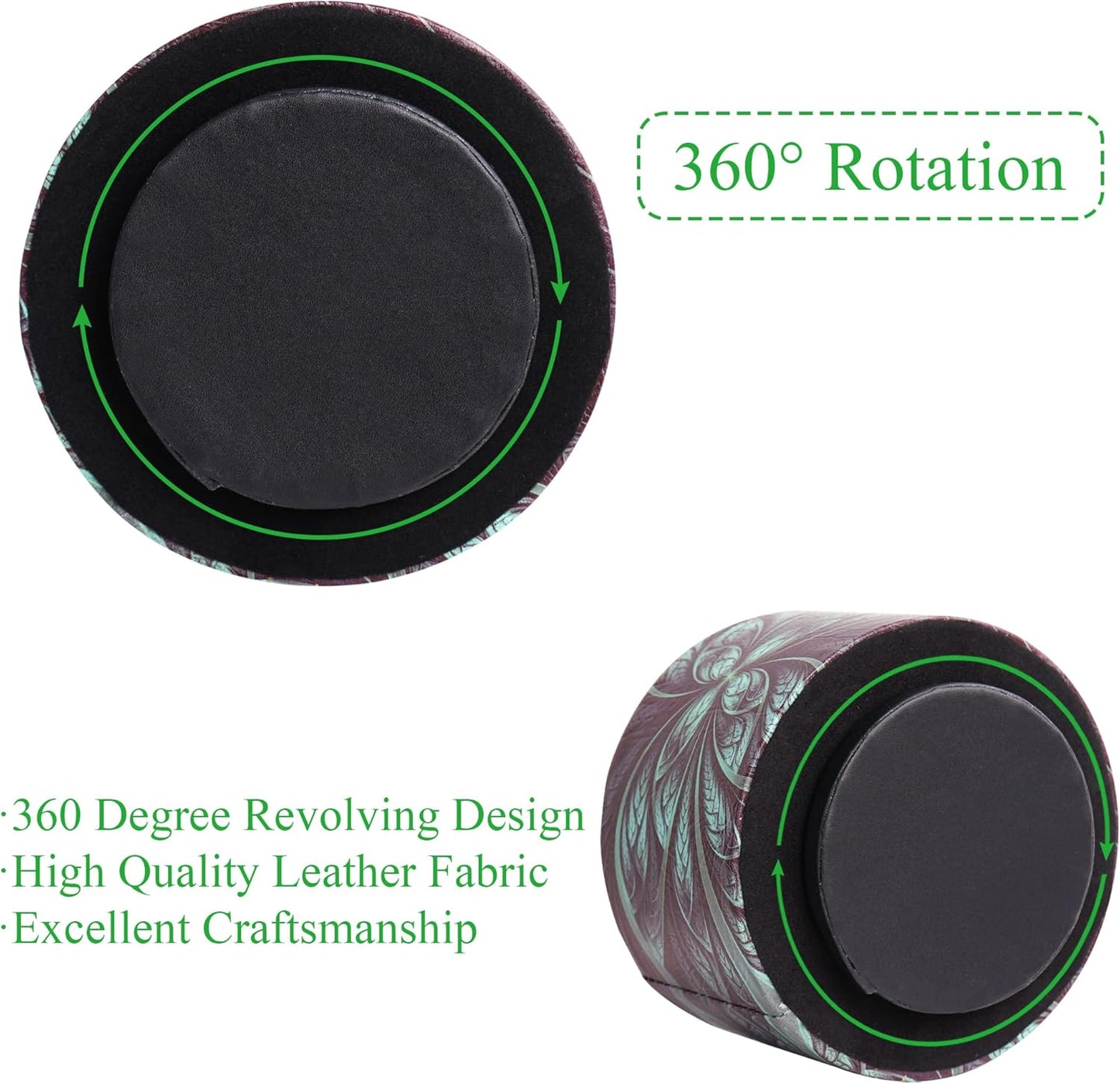 lizimandu Round Leather Art Supply Organizer,Remote Control Holder,360 Degree Rotating,Multi-Functional Pencil Holder,4 Compartments Desktop Stationary Organizer(1-Green Flower)