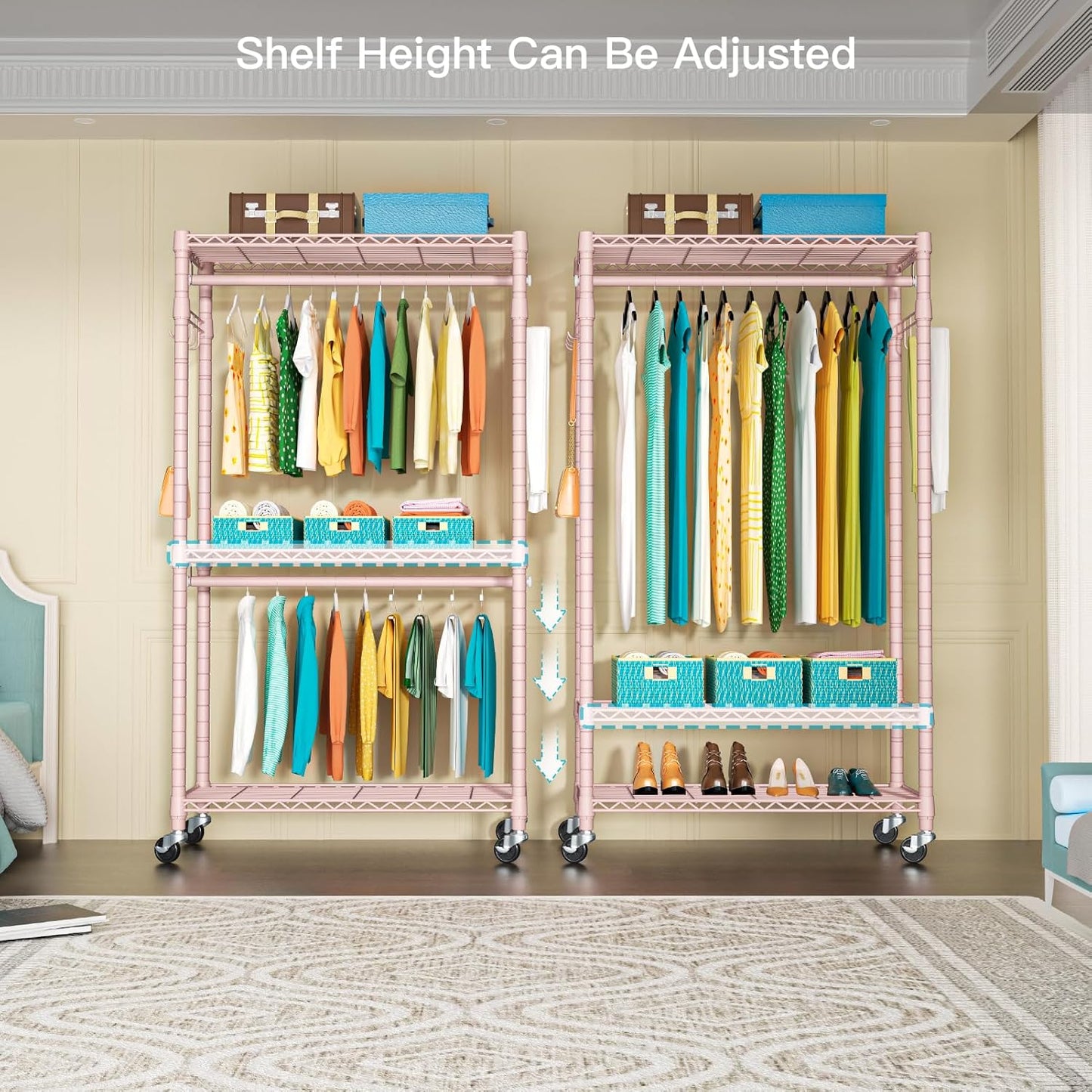 P1 Heavy Duty Garment Rack, 3 Tiers Adjustable Rolling Metal Closet Organizer with Lockable Wheels, FreeStanding Wardrobe with Double Hanger Rods & 1 Pair Hooks, Max Load 450 LBS, Pink