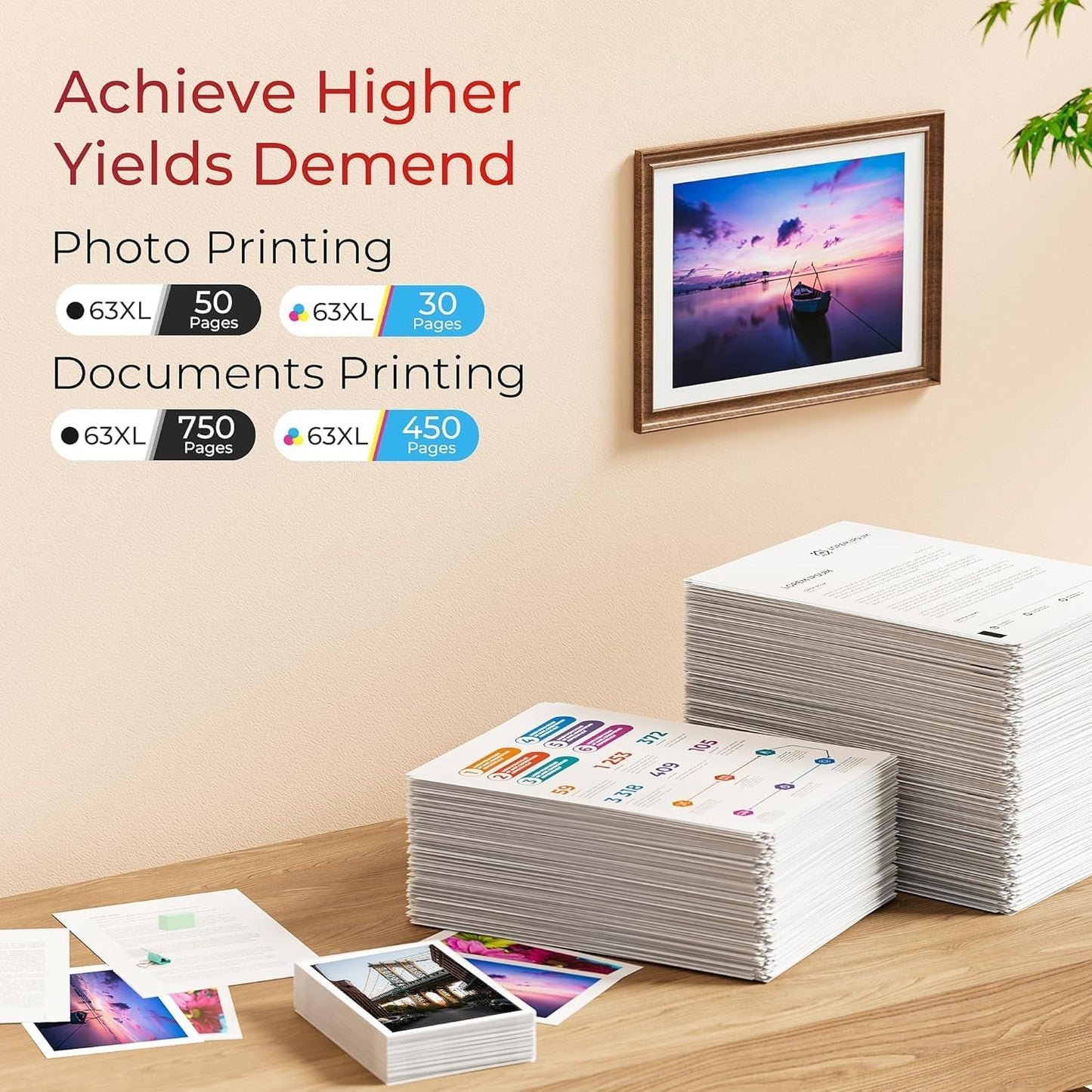 ejet 63XL Ink Cartridge Combo Pack Replacement for HP 63 Ink 63XL Ink Cartridges Black and Color for OfficeJet 3830 4650 5255 5258 4655 4652 3833 Envy 4520 4512 DeskJet 1112 3630 (1 Black,1 Tri-Color)