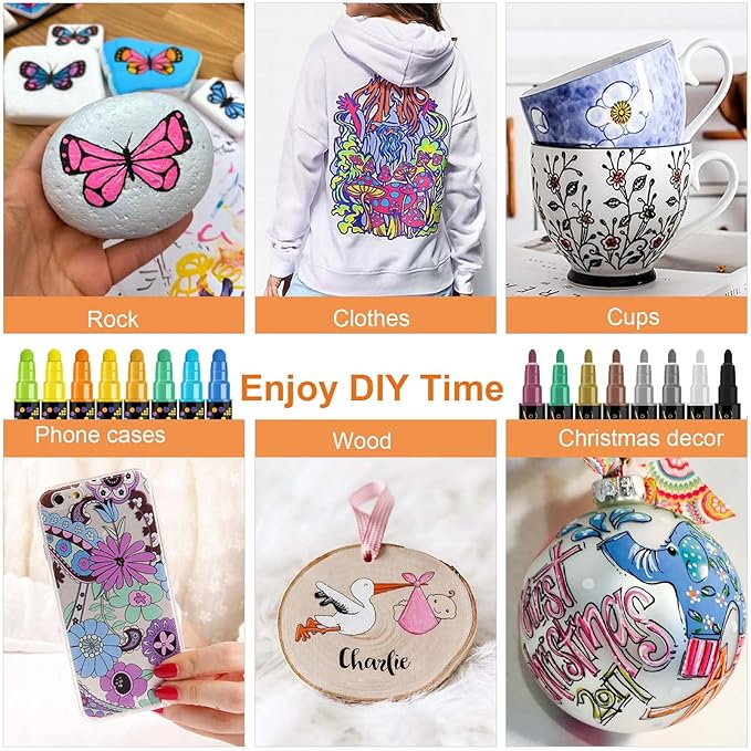 Betem 12 Colors Dual Tip Acrylic Paint Pens Markers, Premium Acrylic Paint Pens for Wood, Canvas, Stone, Rock Painting, Glass, Ceramic Surfaces, DIY Crafts Making Art Supplies