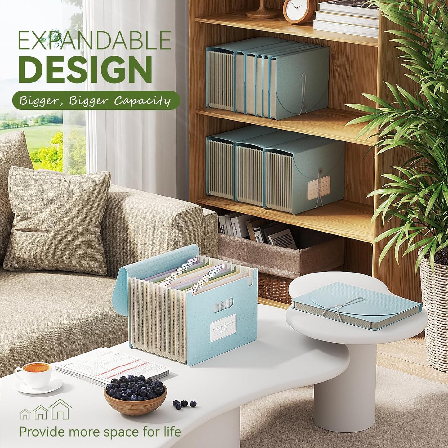 Accordion File Organizer, 13 Pockets Wheat Straw Expanding File Folder, Portable Monthly Paper Bill Tax Receipt Organizer, Letter A4 Size Document Holder with Colorful Tab - Sky Blue