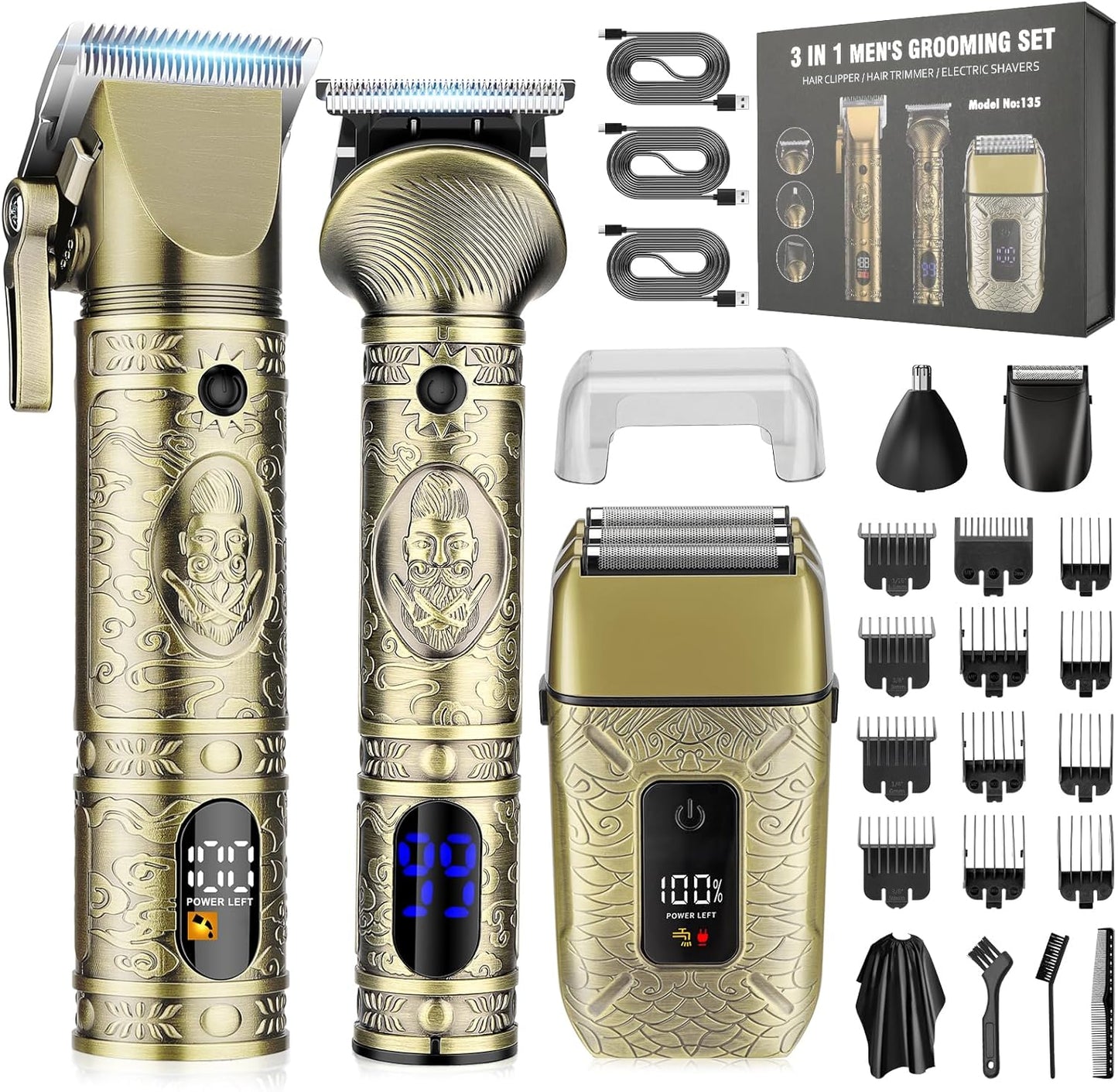 RESUXI Professional Hair Clippers for Men Electric Razor Shavers Nose Hair Trimmer and Detail Trimmer 5 Pcs Set，Cordless Beard Trimmer Barber Clippers for Hair Cutting Mens Grooming Kit