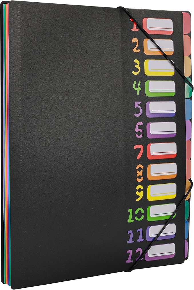 Rainbow Tab Expanding File Folder - 24 Pockets, Durable A4 Letter Size Organizer, Water-Resistant Plastic Dividers, Home/Office/School Document Holder (Black)