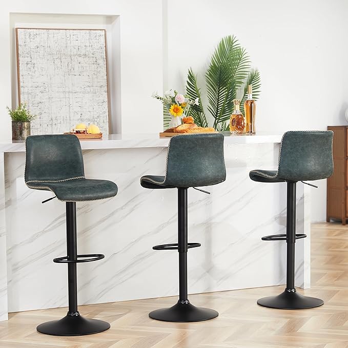 HeuGah Bar Stools Set of 3, Swivel Counter Height Barstools with Back, Adjustable Height 24" to 32", Faux Leather Bar Chairs for Kitchen Island (Deep Teal, Set of 3 (24'' to 32''))