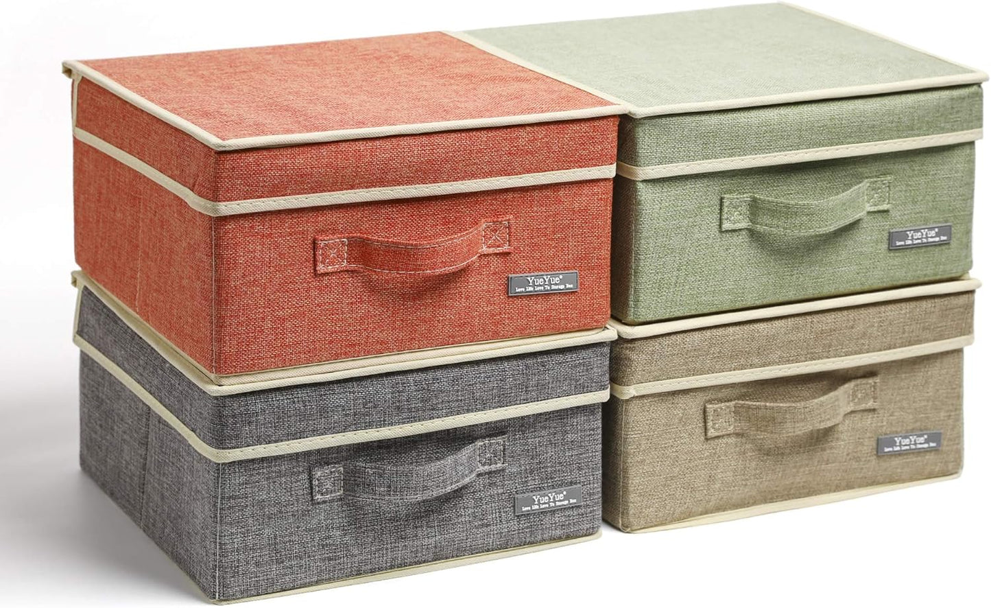 YueYue Small 4 Pack Fabric Stroage Box with Lids, Linen Foldable Stroage Box with lids 4 Color Set 12.4in/12in/6.7in