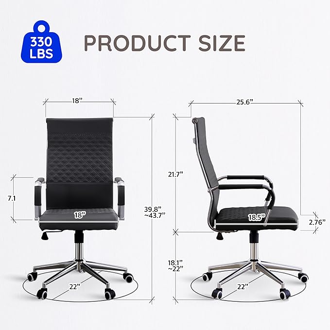 Livinia Modern Executive Office Chair with Patterned Back Design, Chrome & Leather Swivel Chair with High Back, Adjustable Height, Removable Armrests, and Wheels for Home Office (Black(Chrome))