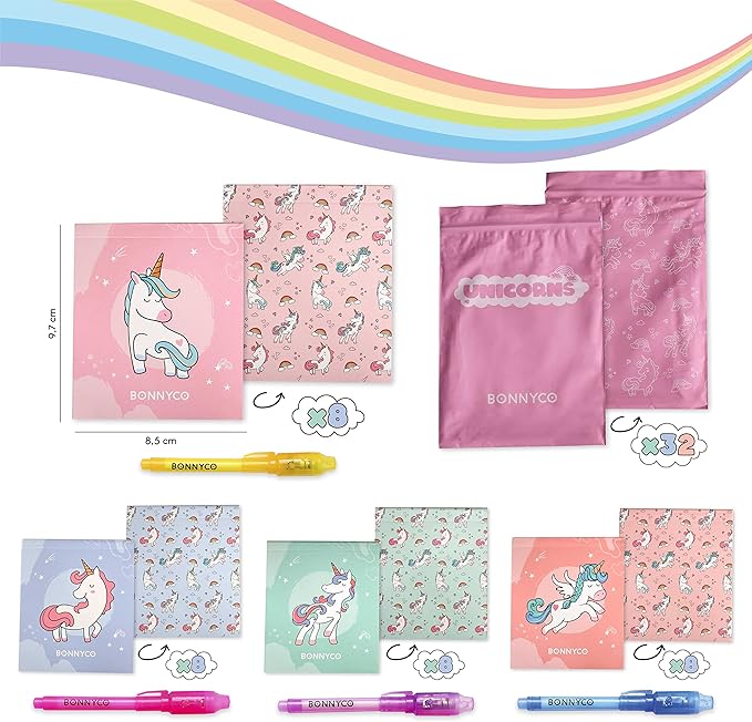 BONNYCO Invisible Ink Pen and Notebook Pack 32 Unicorn Party Favors for Kids, Magic Spy Pen Goodie Bags Stuffers for Kids, Unicorn Birthday Party Supplies, Goody Bag Stuffers | Return Gifts Prizes