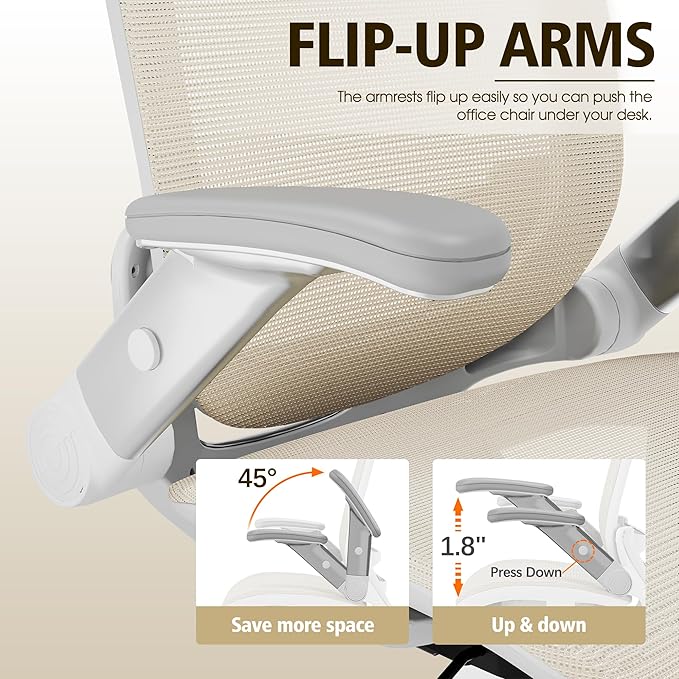 GABRYLLY Ergonomic Office Chair, High Back Home Desk Chair with Headrest, Flip-Up Arms, 90-120° Tilt Lock and Wide Cushion, 400LBS Mesh Chairs for Man Woman, White Task Chair(Beige,GY01WBG)