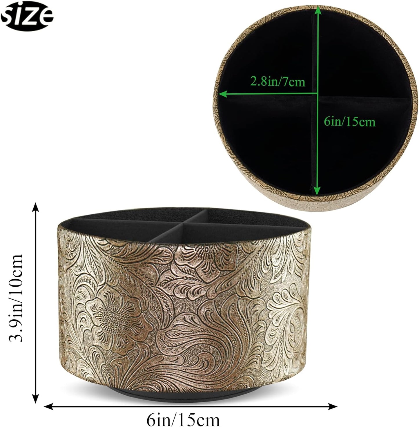 lizimandu Round Leather Art Supply Organizer,Remote Control Holder,360 Degree Spinning,Multi-Functional Pencil Holder,4 Compartments Desktop Stationary Organizer(1-Gold)