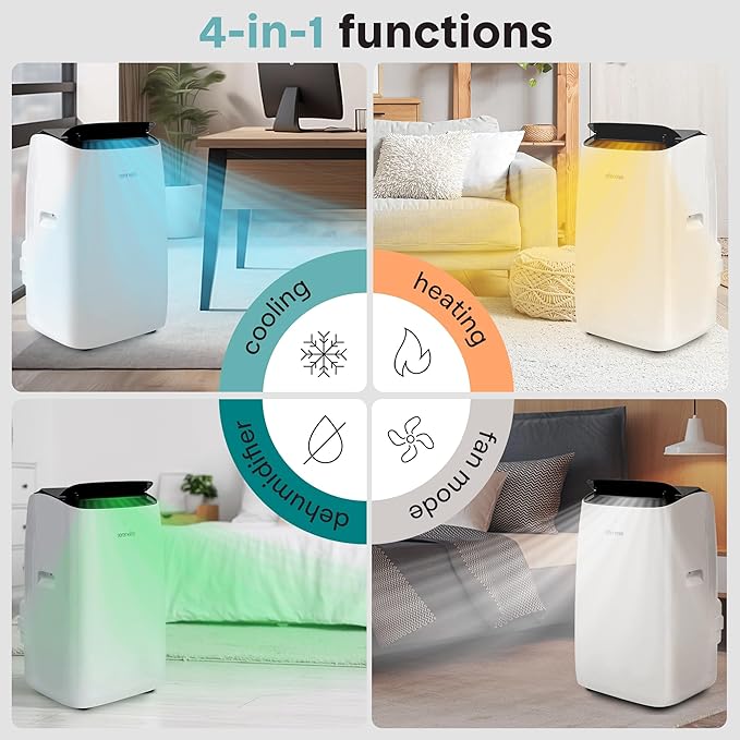 SereneLife 14000 BTU Portable Inverter Air Conditioner, 115V Smart Cooling & Heating with WiFi, Energy Efficient, For Bedrooms, Living Spaces & Offices, 650 Sq Ft Coverage, (White)