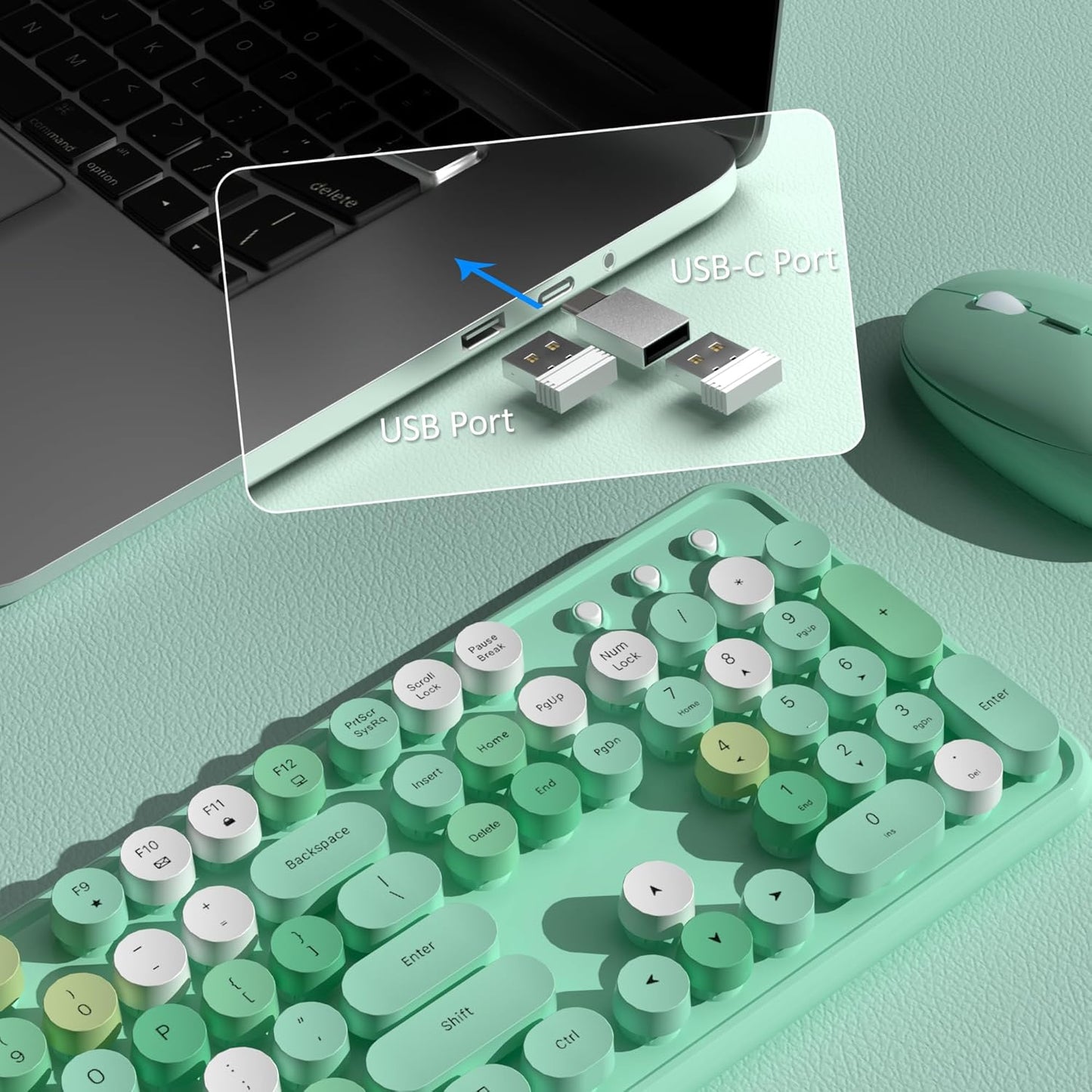 Colorful Wireless Keyboard and Mouse Combo, COVEVA 2.4GHz Wireless Retro Cute Round Keycaps Keyboard, 104 Keys Full-Sized Keyboard Mouse Set with Switch Button for PC Laptop Desktop (Green Colorful)