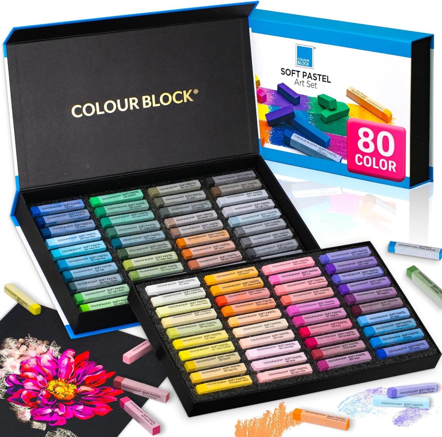 COLOUR BLOCK 80pc Soft Pastels for Artists I Color Chalk Pastels Set, Coloring Charcoal Sticks, Drawing Art Supplies for Adults, Beginners, Kids