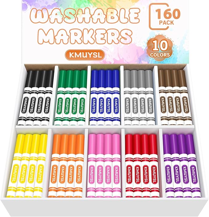 KMUYSL 160 Count Washable Markers Bulk, 10 Assorted Colors - Broad Line Conical Tip Coloring Markers for Kids, School Art Supplies & Back to School Supplies, Teacher Classroom Must Haves