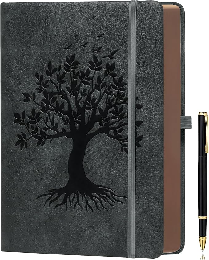 Thick Lined Journal Notebook with Pen, 360 Pages 100gsm Paper, Brown Sprayed Edge, Journal for Writing B5 Ruled Notebook ,Leather Hardcover,Perfect for Work, Office or School, 7.8'' x 10'' Dark Grey