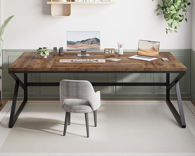 HSH Large Rustic Brown Computer Desk, 78 Inch Extra Long Metal Wood Desk for Home Office, Two Person Executive Writing Study Gaming Desk Table, Bedroom Living Room PC Laptop Dual Monitor Desk