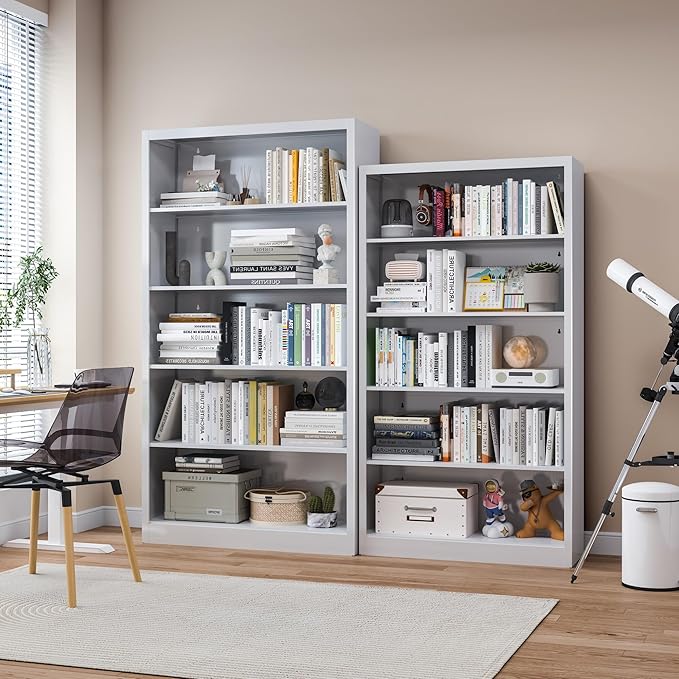 5 Tier Bookshelf, Metal White Book Shelf with Backboard, Adjustable 55" Tall Bookcase, Modern Book Shelves for Living Room, Office, Bedroom, School