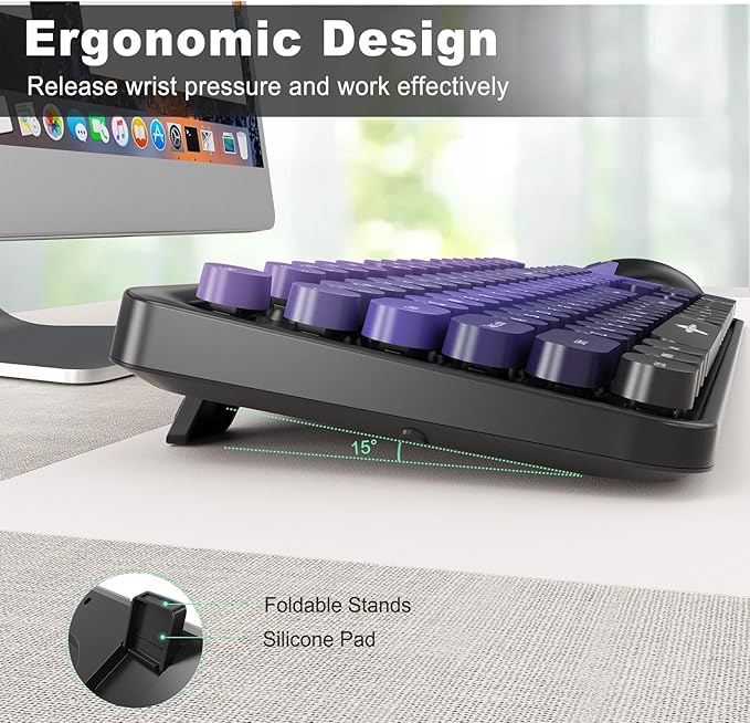 FOPETT Wireless Keyboard and Mouse Combo, 104 Keys Full-Sized 2.4 GHz Round Keycap Colorful Keyboards, USB Receiver Plug and Play, for Windows, Mac, PC, Laptop, Desktop (Black Purple)