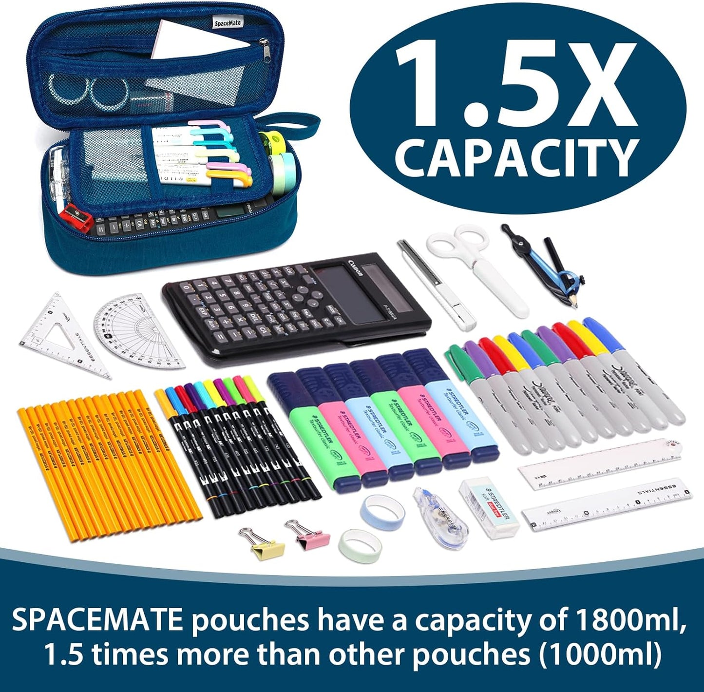 Pencil Case Pouch Box Bag School Supplies Girls Boys Kids, Cute Preppy Stuff Large Big Capacity Aesthetic Pen Organizer, Back to College Stationary, Midnight Blue, Heavy Duty Canvas, 1800ml