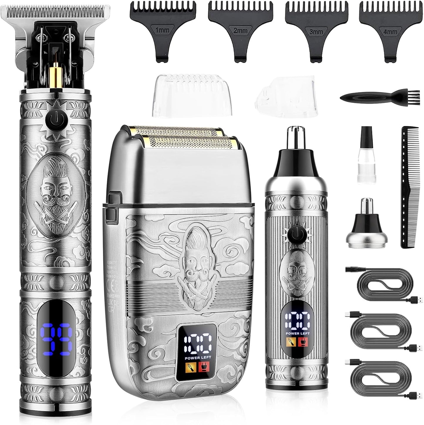 Professional Hair Trimmer Hair Clippers for Men, Nose Hair Trimmer Shaver Set,Cordless T-Blade Beard Trimmer Barber Clippers,Electric Razor Foil Shavers for Men Haircut Grooming Kit(Silver)