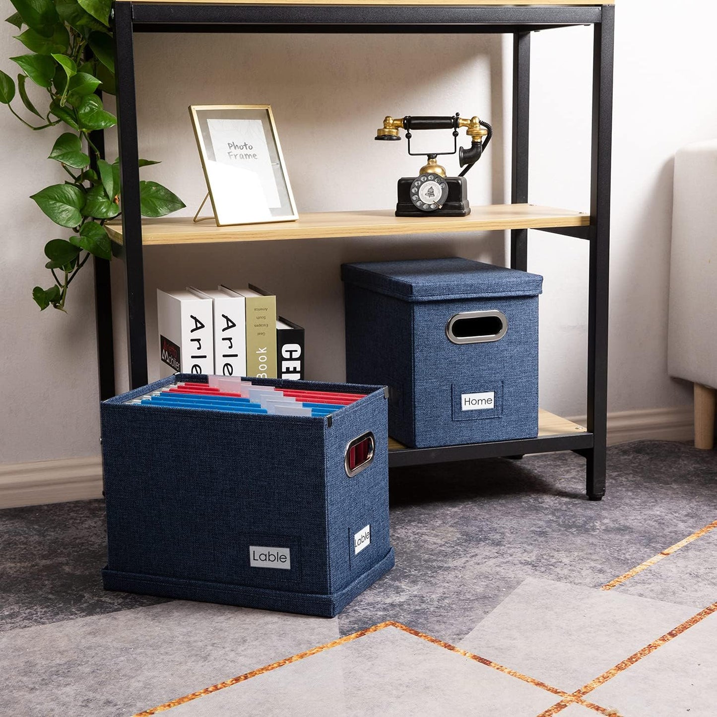 PRANDOM File Organizer Box - Set of 2 Collapsible Decorative Linen Filing Storage Hanging File Folders with Lids Office Cabinet Letter Size Navy Blue (14x9.3x10.8 inch)