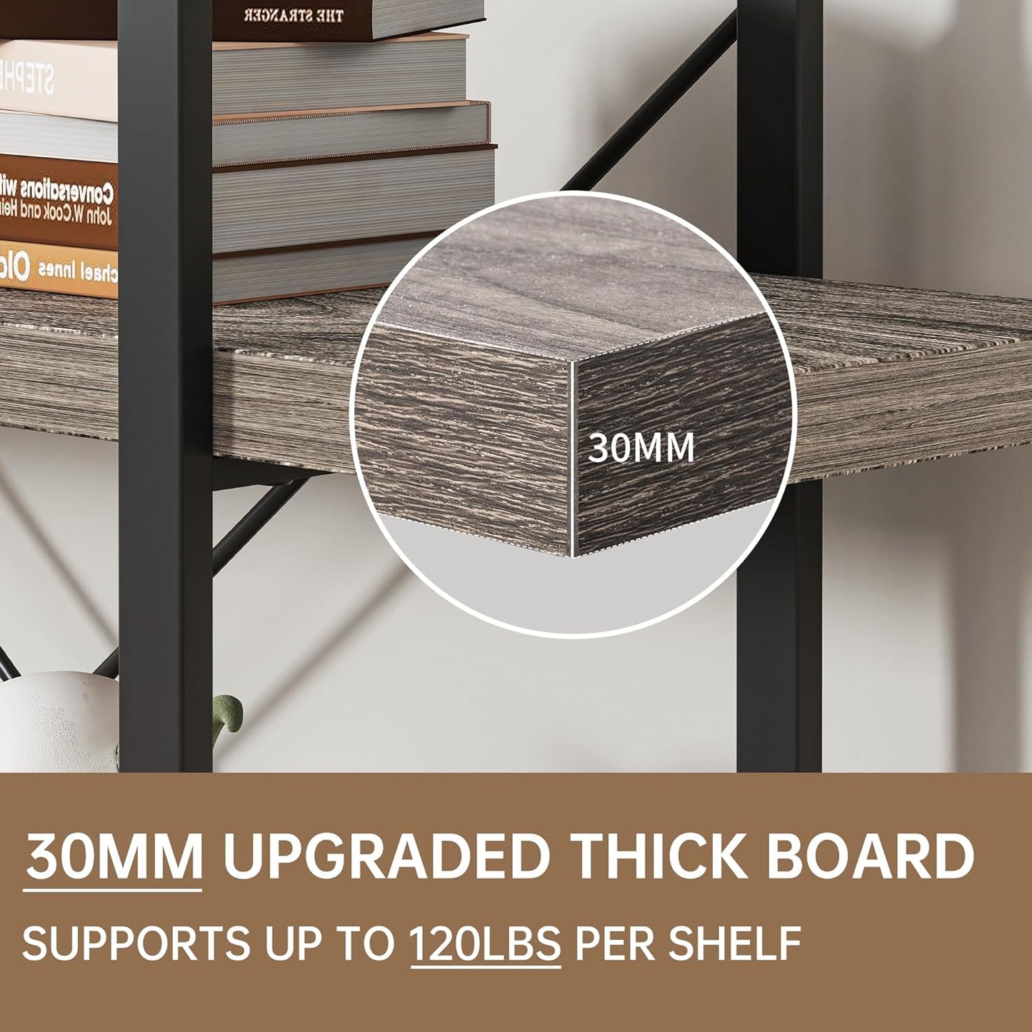 Heavy Duty 4-Tier Industrial Bookcase, 47" Wide Wood Bookshelf for Home Office, 120lbs Shelf Capacity, Rustic Shelving Display with Reinforced Horizontal Shelf for Living Room Bedroom,Grey