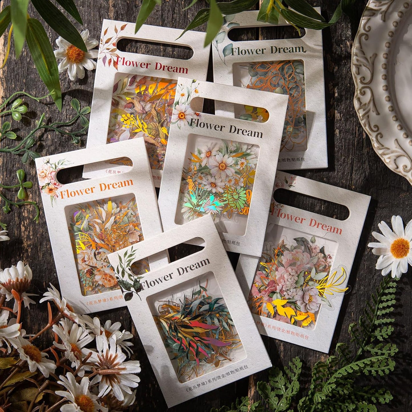 Dizdkizd Holographic Flower and Leaf Sticker Set, 240 Foil Gold Botanical Scrapbook Sticker Small Transparent Floral Decals for Journal, Planner, Photo Album, Card