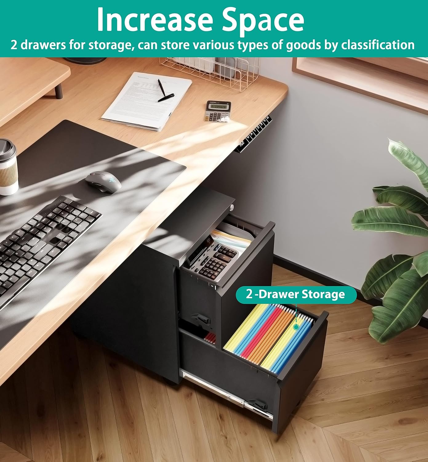 SISESOL 2 Drawer File Cabinet on Wheels,Metal Filing Cabinet with Lock,Black Rolling File Cabinets with Casters,Under Desk Office Cabinets for Home Office,Fit A4/Letter/Legal,Easy Assembly