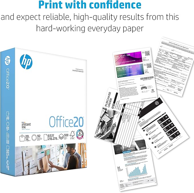 HP Paper Printer Paper 8.5x11 Office 20 lb 5 Ream Case 2500 Sheets 92 Bright Made in USA FSC Certified Copy Paper HP Compatible 112150C