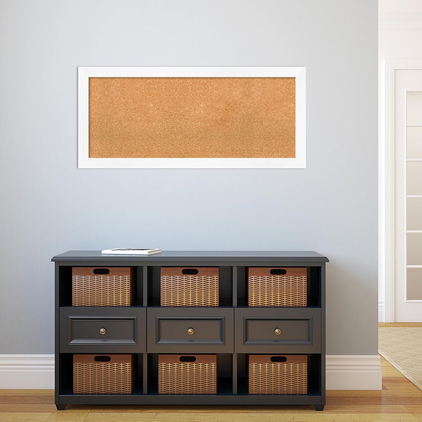 Amanti Art Natural Cork Board for Wall, 19x43 Vision Board with White Frame, Large Corkboard Office Decor for Home Organization, Modern Corkboard Pinboard to Display Items for Home Organization in