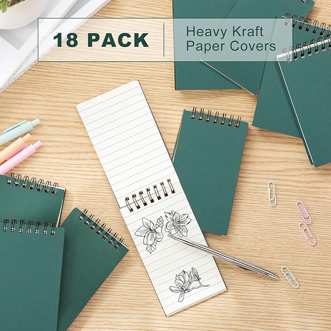 Tenceur 18 Pcs Pocket Notebook Bulk Small 3x5 Inch Spiral Notepads Mini Top Bound Notebook with Lined 120 Pages Ruled Memo Pads for Office College Nurse Essentials Back to School Gift (Green)